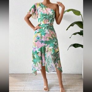 Tropical one shoulder asymmetrical midi pastel dress!